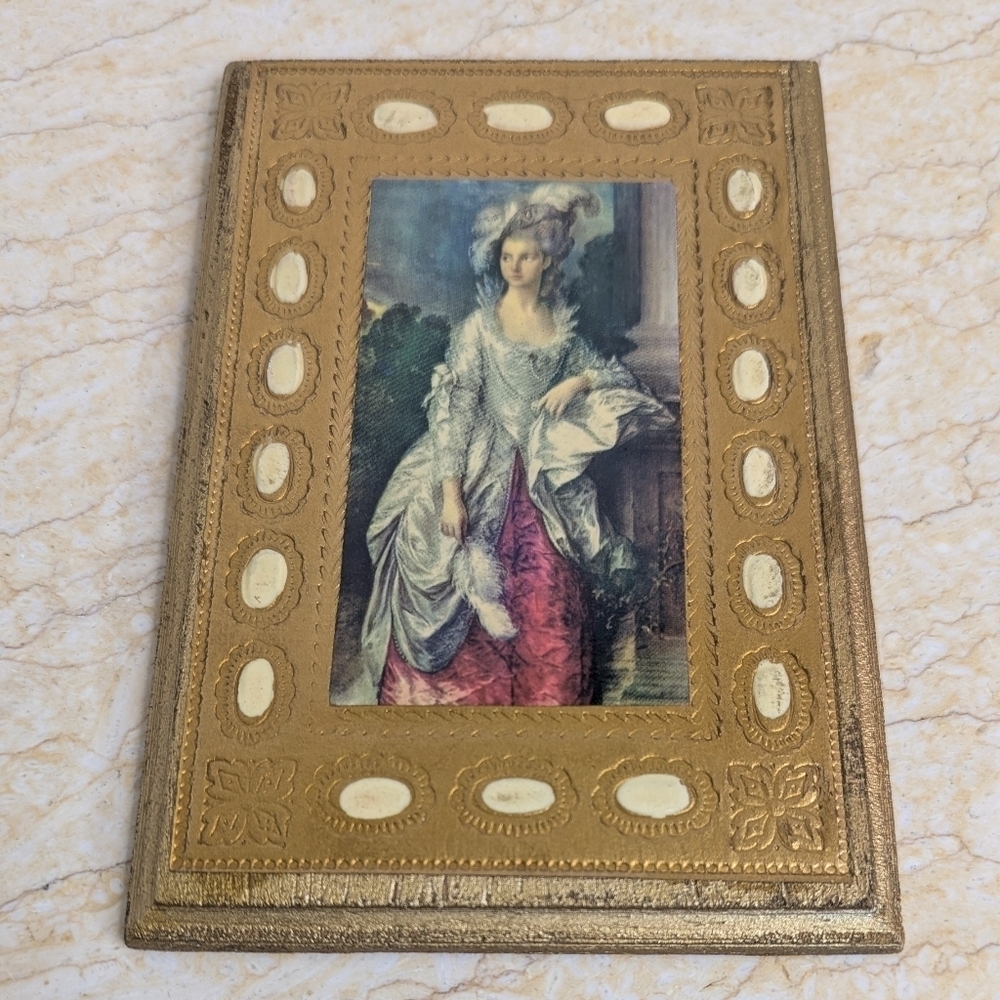 Vintage Italian Florentine Gold Gilt Pair Garden Scene Lady Portrait Wooden Art - Picture 4 of 12